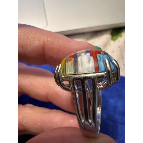 Colorful Millefiori Glass Ring With Silver-Tone Band Size 6 - Picture 9 of 10